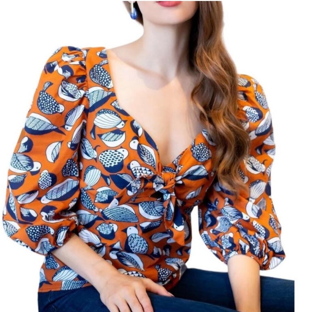 Anthropologie Eva Franco Blue Bird Pattern Cotton Sweetheart Neckline Blouse 8
